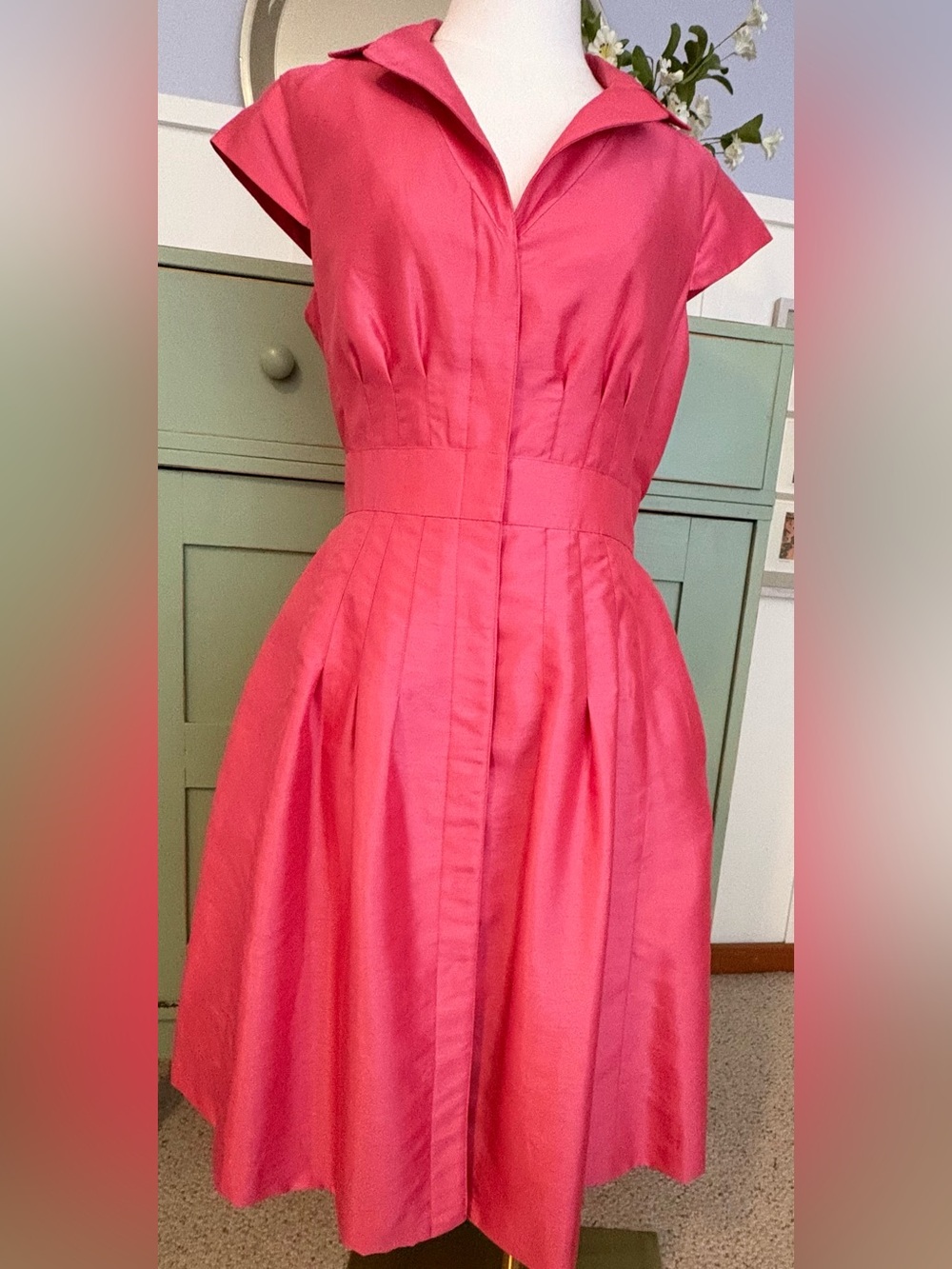 Kasper Hot Pink Classic Fit & Flare Dress w Tailored Princess Seams & Sash Sz 8 - Picture 4 of 15